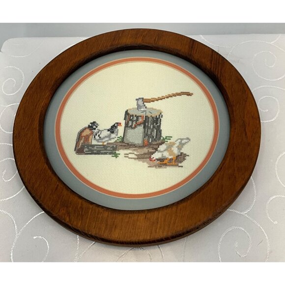 Vintage Hand Cross-Stitched Chicken Art In Round Wood Frame - Picture 2 of 4